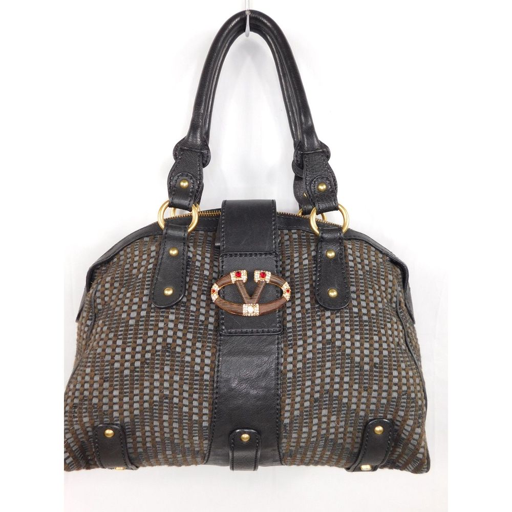 Authentic Valentino Garavani Crystal Embellished Logo Leather Trim Satchel Bag